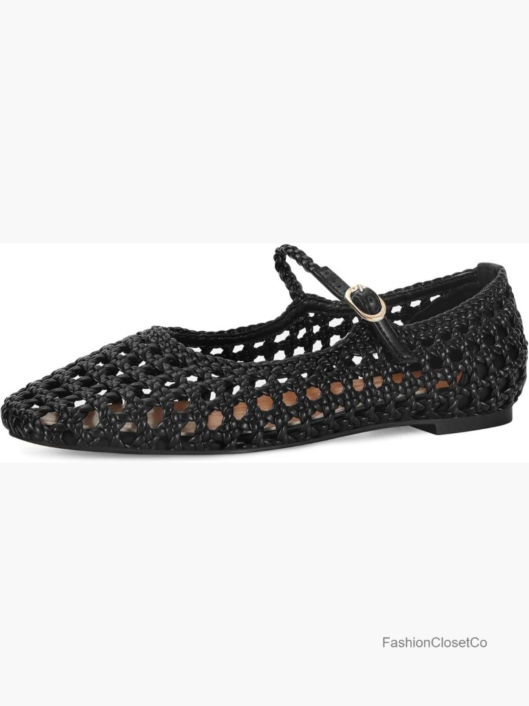 Woven Mesh Ballet Flats Round Toe Mary Jane Buckle Strap Comfortable Dress
